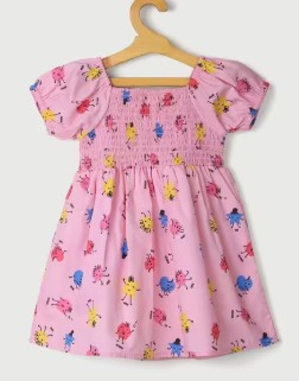 Pink Printed Cotton Girls Casual Wear 6-12m